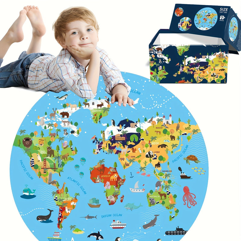 70-delige Dierenvloerpuzzel – Rond Wereldkaartontwerp voor Kinderen