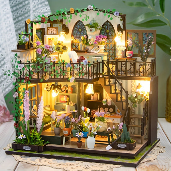 DIY Miniatuur Kas-Huis met Verlichting – Handgemaakte 3D Puzzel voor Creatieve Decoratie