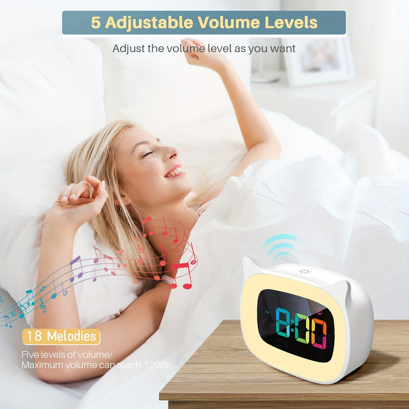 Schattige Kat-oortjes Wekker – RGB Nachtlampje met 18 Melodieën en USB Oplaadbaar