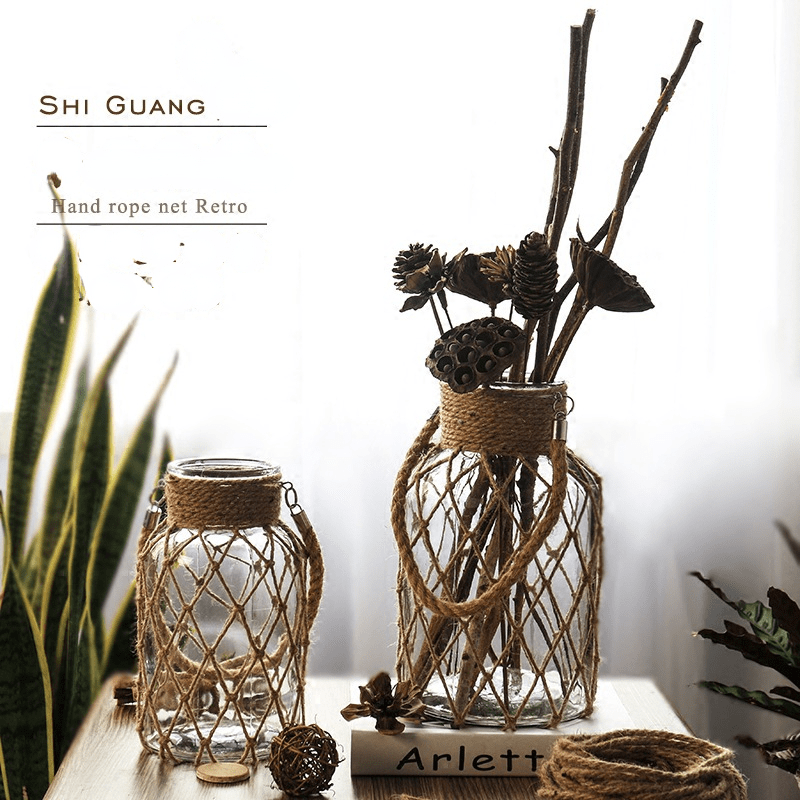 Rustieke Glazen Vaas met Jute Koord – Decoratief en Tijdloos voor je Interieur