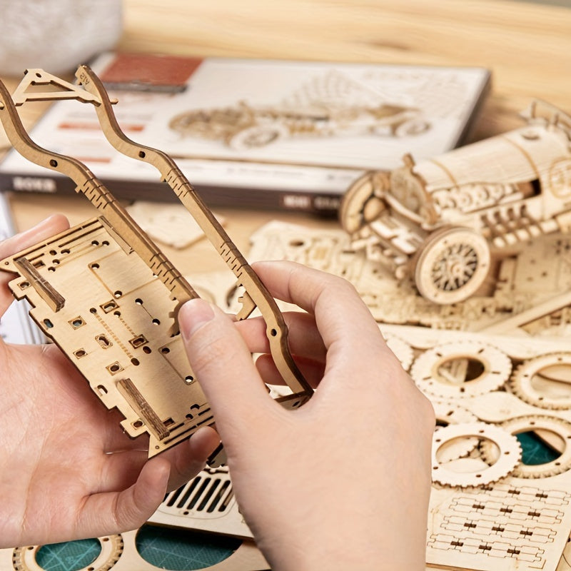 Vintage 3D Houten Auto Puzzel – Mechanisch Model met Tandwielen en Gedetailleerd Ontwerp