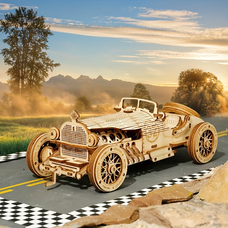 Vintage 3D Houten Auto Puzzel – Mechanisch Model met Tandwielen en Gedetailleerd Ontwerp