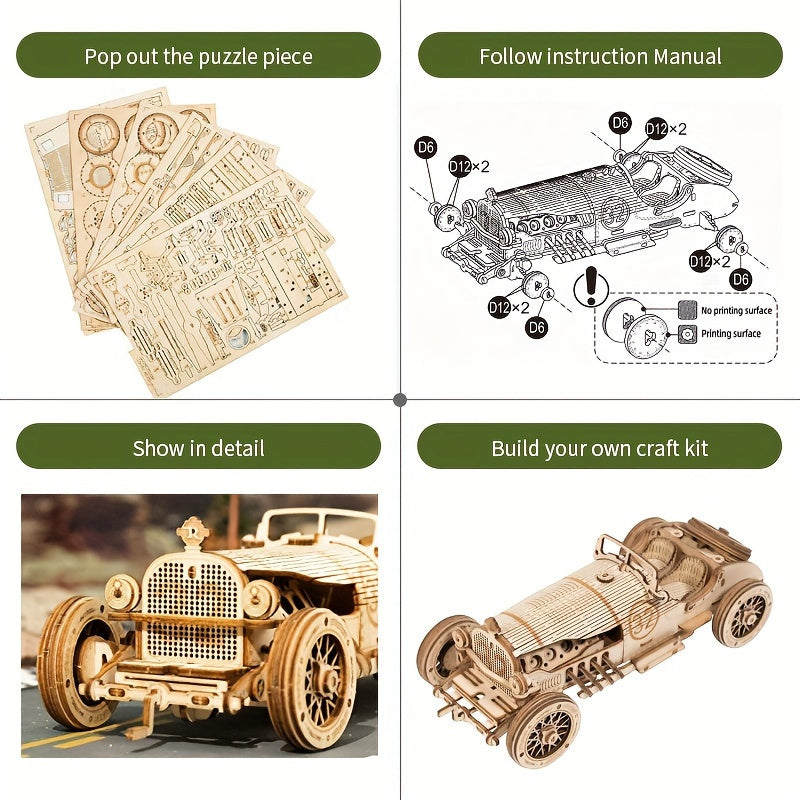Vintage 3D Houten Auto Puzzel – Mechanisch Model met Tandwielen en Gedetailleerd Ontwerp