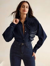Denim Blouse met Bloem Detail | Damesblouses | Unieke en Artistieke Casual Outfit