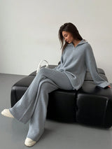 Casual Grijze Woon-Werkverkeer Set | Damespakken | Comfortabele Gebreide Tweedelige Set voor Dagelijks Gebruik