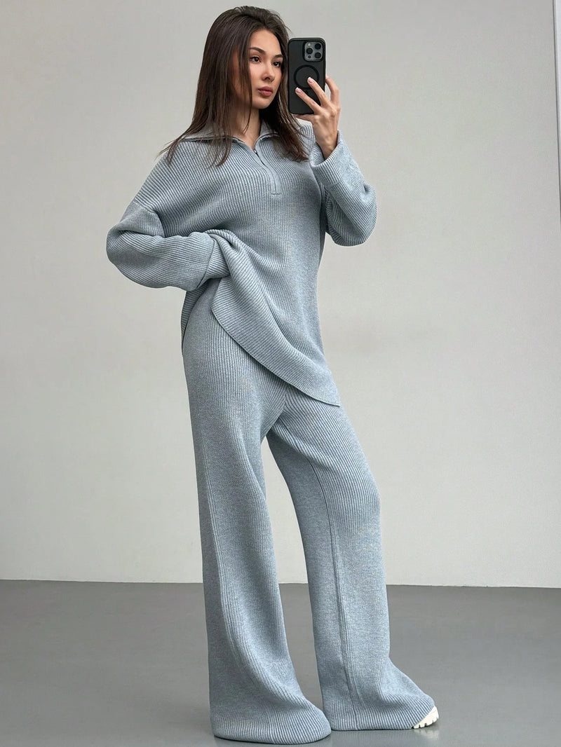 Casual Grijze Woon-Werkverkeer Set | Damespakken | Comfortabele Gebreide Tweedelige Set voor Dagelijks Gebruik
