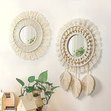 Boho Macramé Wandspiegel met Franjes – Decoratieve Spiegel met Kralen en Veren