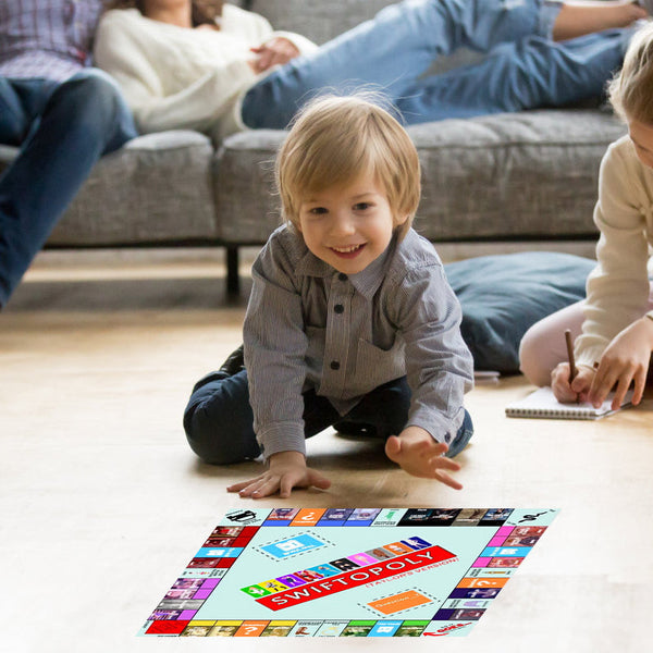 Muziekgebaseerd bordspel met songkaarten en Monopoly-geld voor spelavonden