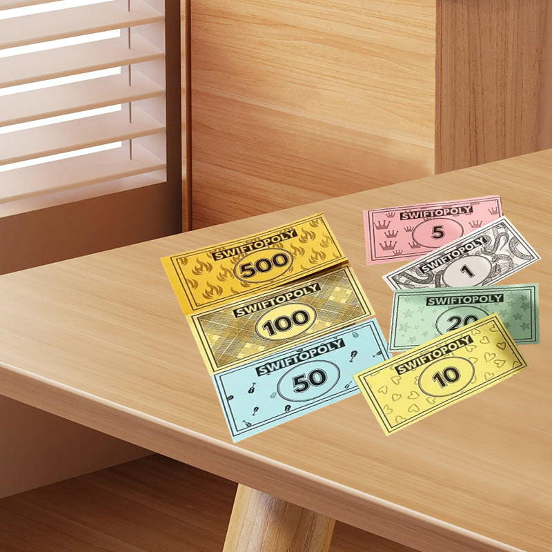 Muziekgebaseerd bordspel met songkaarten en Monopoly-geld voor spelavonden