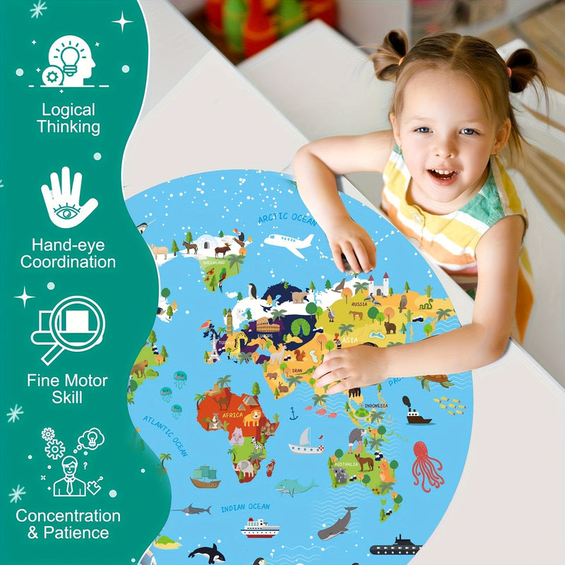 70-delige Dierenvloerpuzzel – Rond Wereldkaartontwerp voor Kinderen