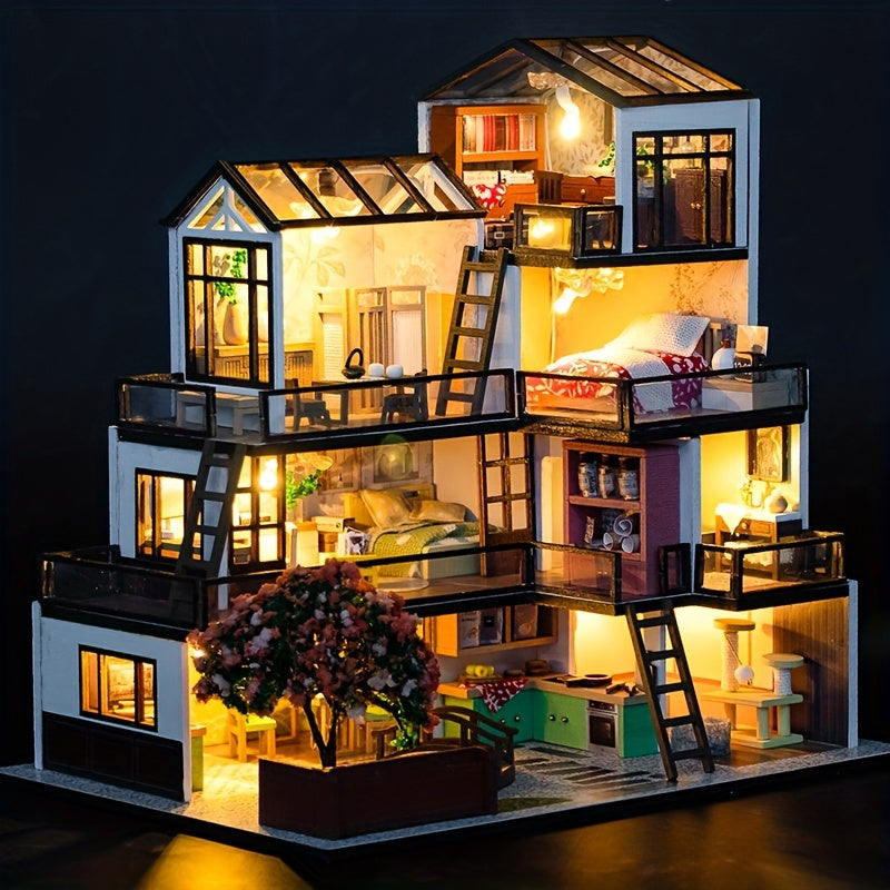 Miniatuur Villa 3D Puzzel Kit – Handgemaakt Model met LED Verlichting en Gedetailleerd Interieur