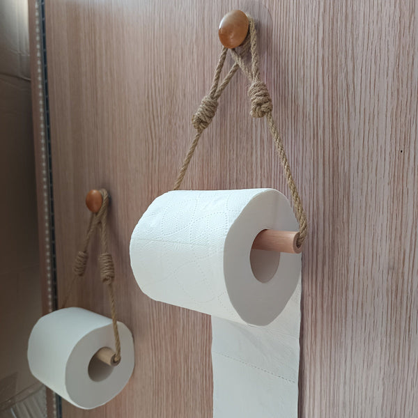 Rustieke Toiletpapierhouder – Macramé Touw en Houten Stok voor Badkamer