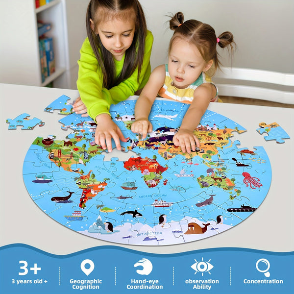 70-delige Dierenvloerpuzzel – Rond Wereldkaartontwerp voor Kinderen