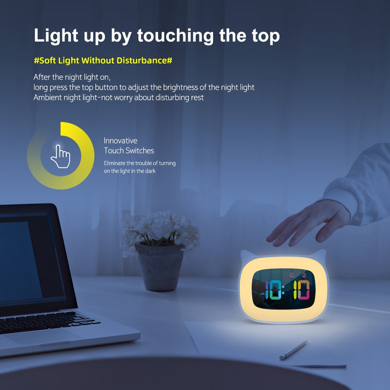 Schattige Kat-oortjes Wekker – RGB Nachtlampje met 18 Melodieën en USB Oplaadbaar