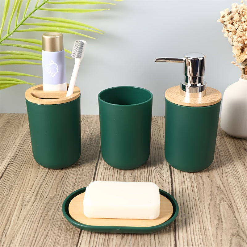 Badkamer Accessoires Set met Bamboe Deksel – 4-delige Set voor Badkamerdecor