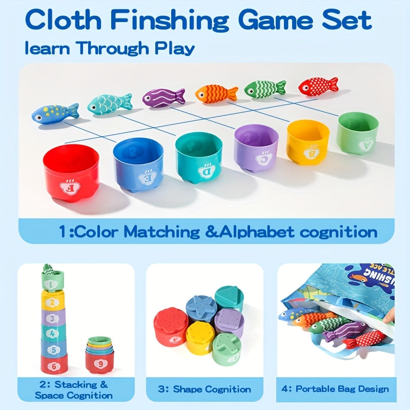 Kinderen's Stoffen Visspel – Pluche Vissen en Stapelbekers voor Leerzaam Plezier