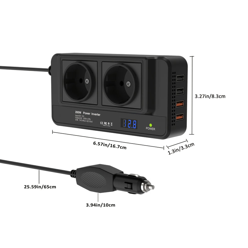 Compacte 200W Auto Omvormer – Dubbele Stopcontacten & Quad USB