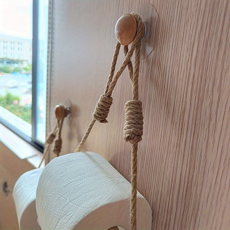 Rustieke Toiletpapierhouder – Macramé Touw en Houten Stok voor Badkamer