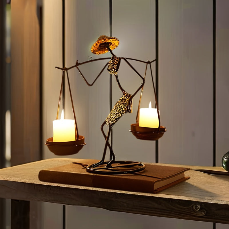 Creatieve Kandelaar in Balansvorm – Artistieke Tafeldecoratie van Gietijzer voor Warme Sfeer
