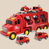 Dubbellaagse Vrachtwagen - Brandweer- of Bouwvoertuigen Speelset voor Jongens en Meisjes, Inclusief Mini Voertuigen en Muziekfunctie, Kleur: Rood, Geel of Blauw