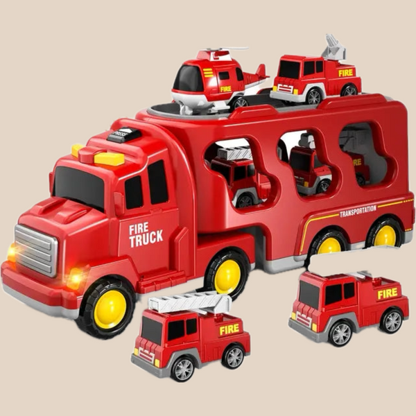 Dubbellaagse Vrachtwagen - Brandweer- of Bouwvoertuigen Speelset voor Jongens en Meisjes, Inclusief Mini Voertuigen en Muziekfunctie, Kleur: Rood, Geel of Blauw