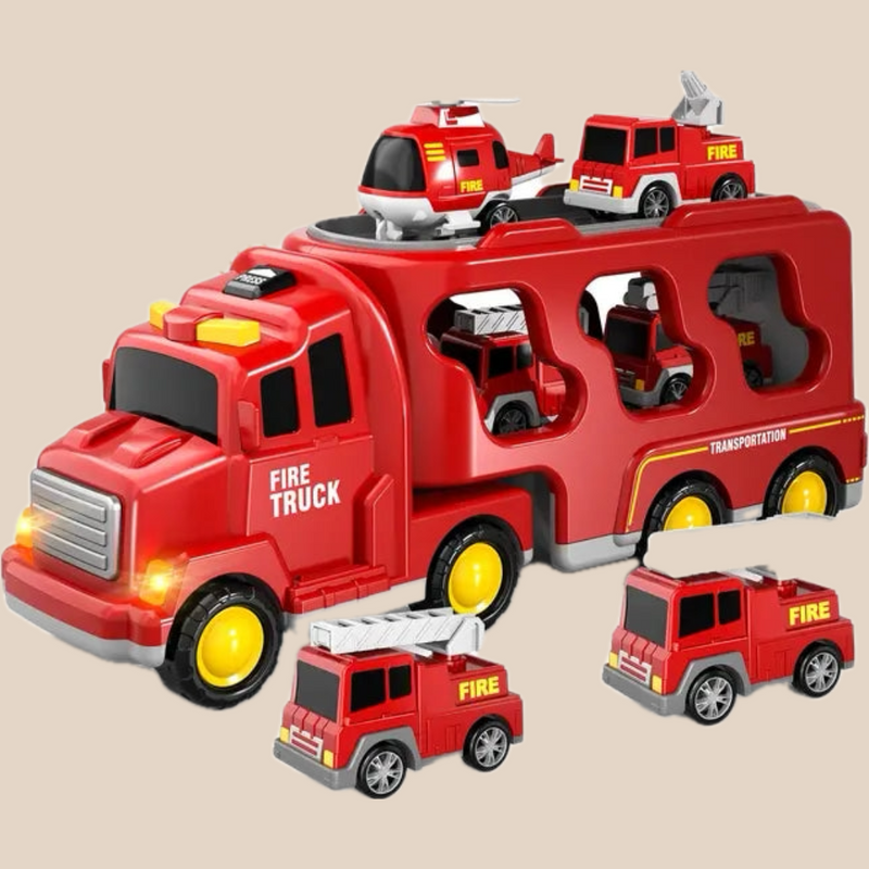 Dubbellaagse Vrachtwagen - Brandweer- of Bouwvoertuigen Speelset voor Jongens en Meisjes, Inclusief Mini Voertuigen en Muziekfunctie, Kleur: Rood, Geel of Blauw
