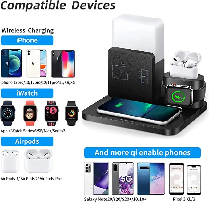 Multi-Functionele Draadloze Oplaadstation – Inclusief Lamp en Alarmklok