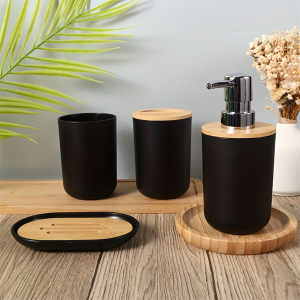 Badkamer Accessoires Set met Bamboe Deksel – 4-delige Set voor Badkamerdecor