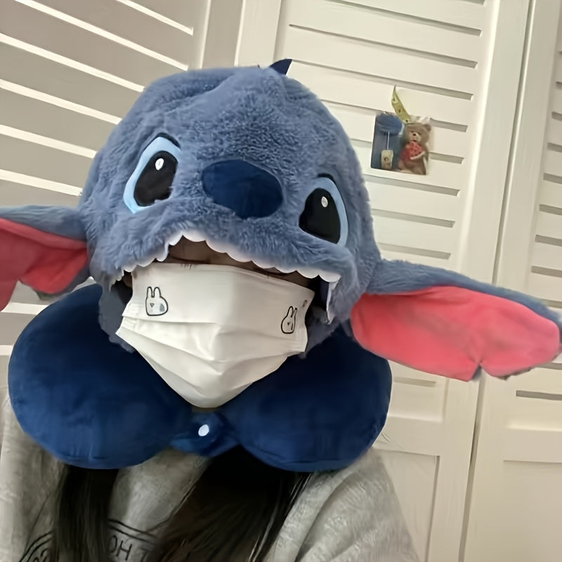 Pluche Stitch Reisnekkussen met Kap - Comfortabel U-Vormig Kussen met Oorkleppen