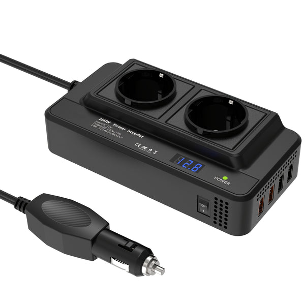 Compacte 200W Auto Omvormer – Dubbele Stopcontacten & Quad USB