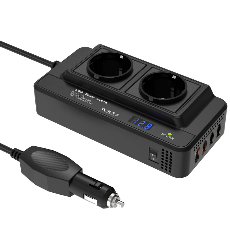 Compacte 200W Auto Omvormer – Dubbele Stopcontacten & Quad USB