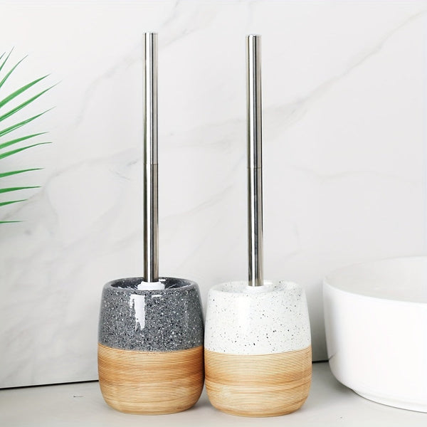 Elegante Keramische Toiletborstel Set – Houtachtige Basis en Roestvrijstalen Steel