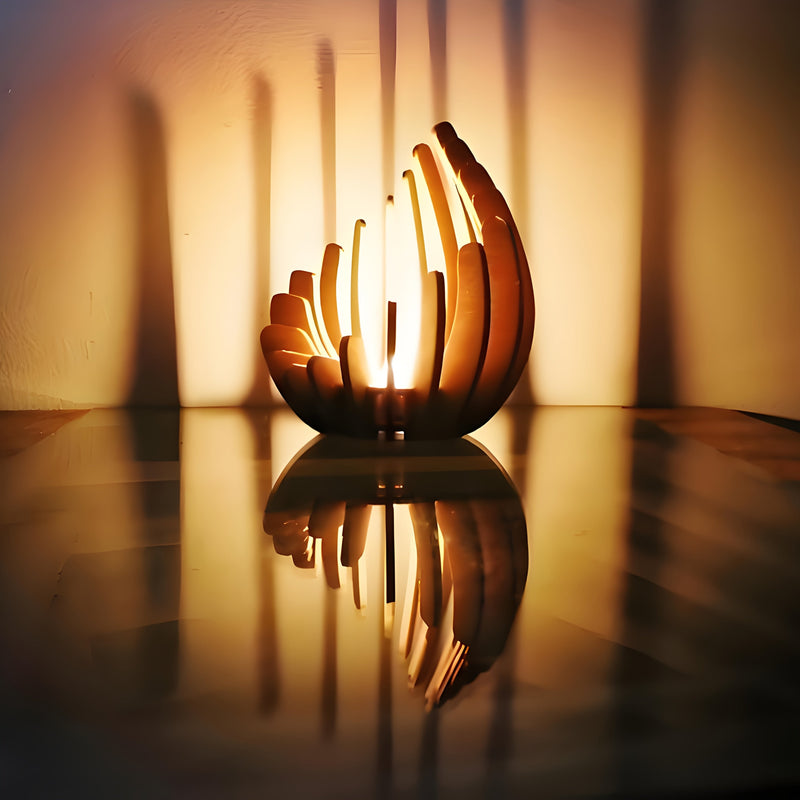 Boheemse Lotus Kaarsenhouder – Handgemaakt Laagjes Hout Ontwerp