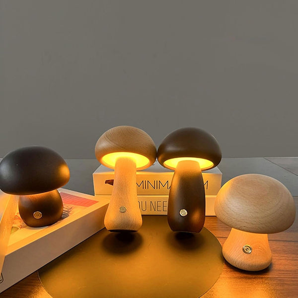 Dimbare LED-paddenstoelnachtlamp van hout met USB-oplading