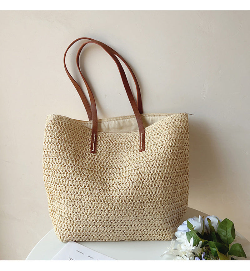 Geweven Korbtas met Leren Handvatten – SummerBreeze Tote