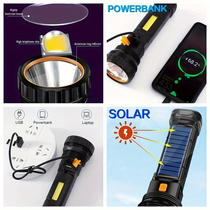 SolarBeam LED Zaklamp - Oplaadbaar met Zonnepaneel & USB