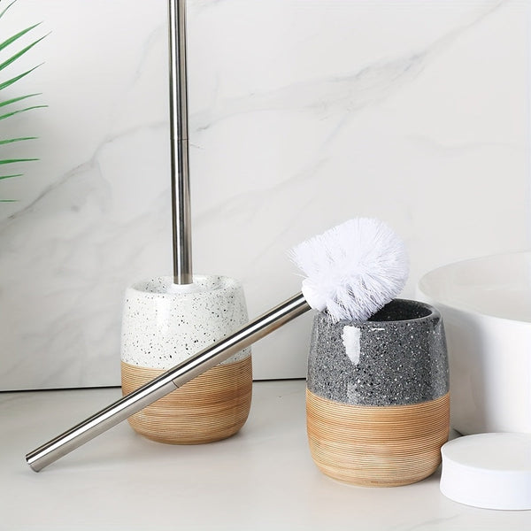 Elegante Keramische Toiletborstel Set – Houtachtige Basis en Roestvrijstalen Steel