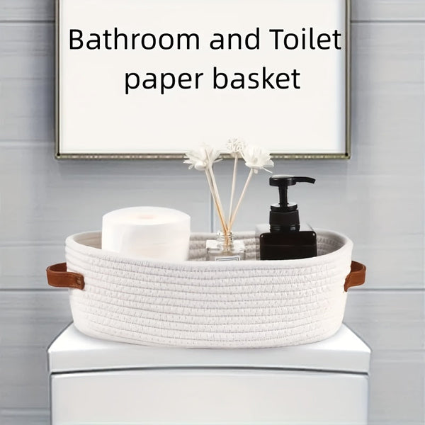 Bohemian Opbergmand met Leren Handvaten – Perfect voor Badkamer en Woonkamer