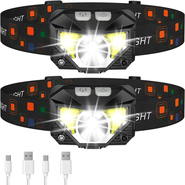 2-Pack Ultra-heldere Oplaadbare LED Hoofdlamp Waterdicht met Bewegingssensor