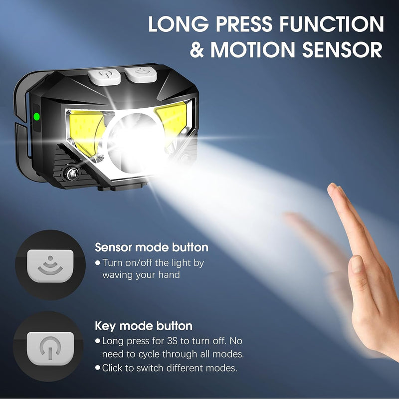 2-Pack Ultra-heldere Oplaadbare LED Hoofdlamp Waterdicht met Bewegingssensor