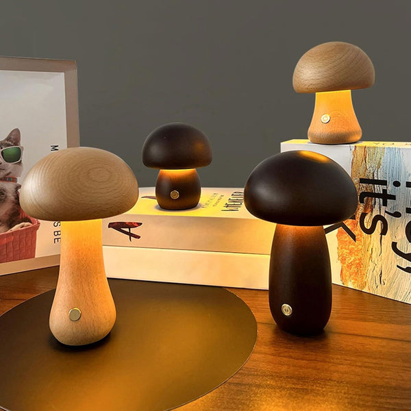Dimbare LED-paddenstoelnachtlamp van hout met USB-oplading