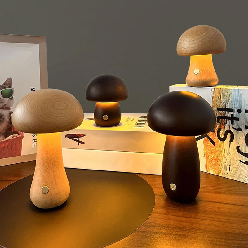 Dimbare LED-paddenstoelnachtlamp van hout met USB-oplading