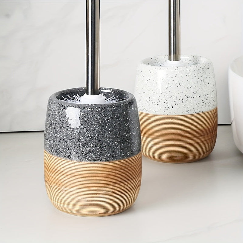 Elegante Keramische Toiletborstel Set – Houtachtige Basis en Roestvrijstalen Steel