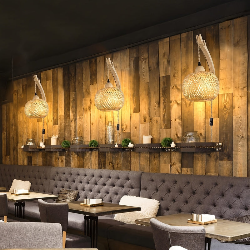 Rustieke Bamboe Wandlamp – Geweven Schaduw met Stekker Vintage Stijl