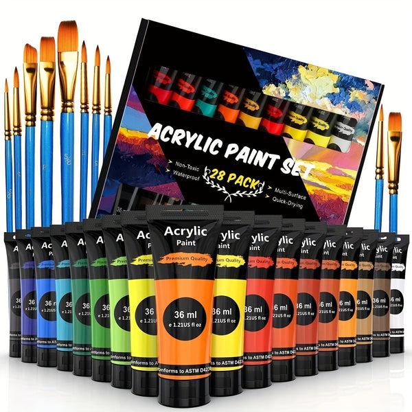 Acrylverf Set – 28 Stuks, Inclusief 18 Kleuren Acrylverf en 10 Penselen