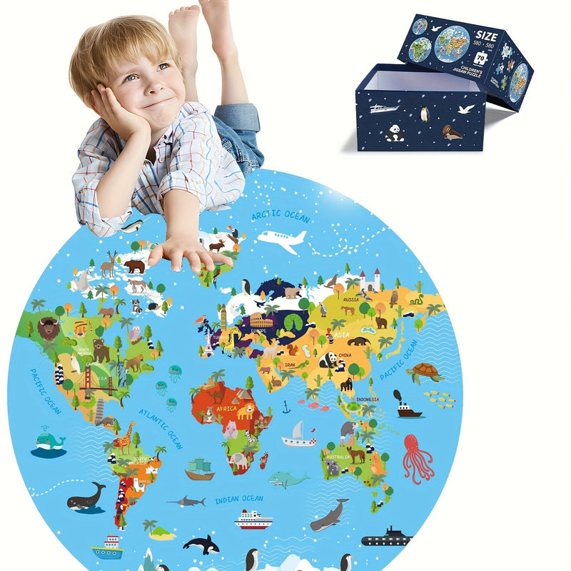 70-delige Dierenvloerpuzzel – Rond Wereldkaartontwerp voor Kinderen