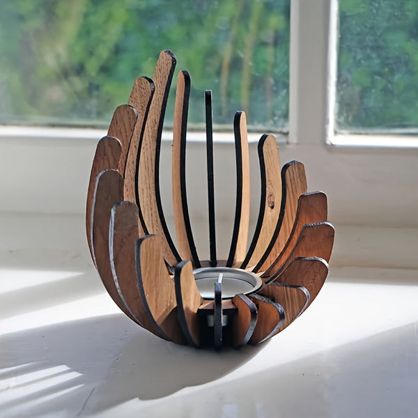 Boheemse Lotus Kaarsenhouder – Handgemaakt Laagjes Hout Ontwerp