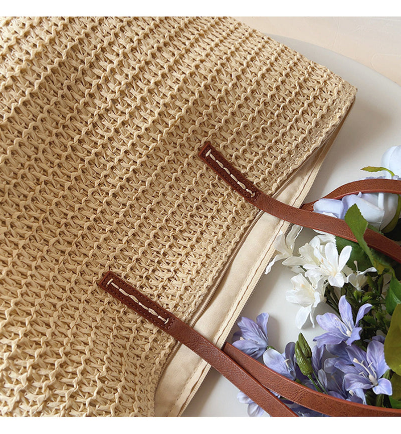 Geweven Korbtas met Leren Handvatten – SummerBreeze Tote