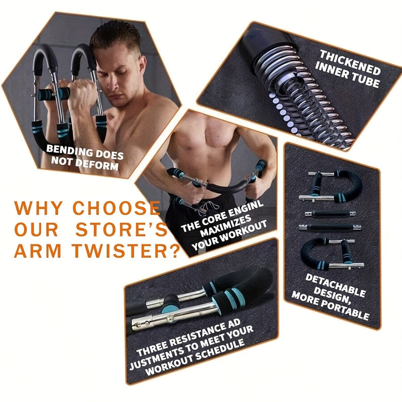 Verstelbare arm- en borstspiertrainer voor mannen met roestvrijstalen frame en comfortabele blauwe grips