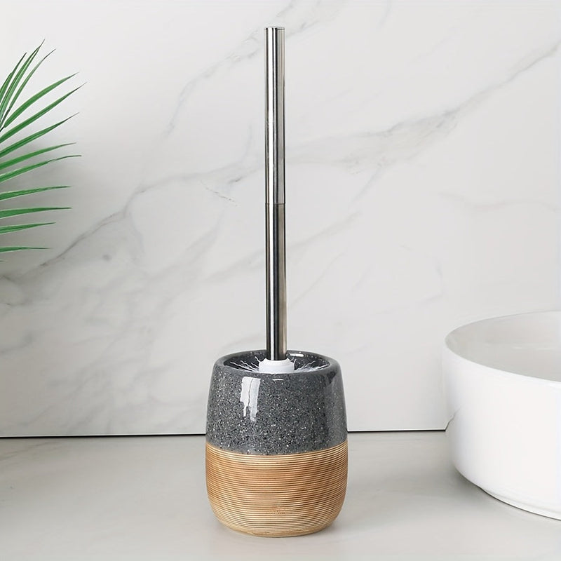 Elegante Keramische Toiletborstel Set – Houtachtige Basis en Roestvrijstalen Steel